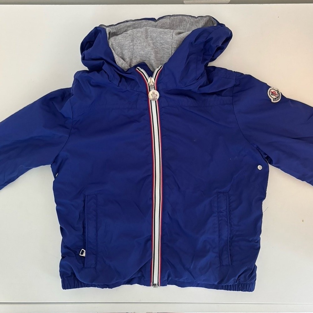 Moncler Kids Blue Raincoat with Gray Hood
